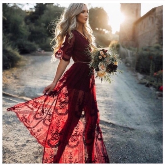 SALE🌷Boho floral lacy romper maxi dress wine - Picture 2 of 5